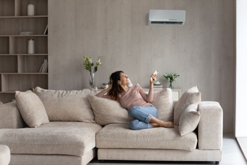 Woman using aircon in living room - Reliable AC Solutions - Residential HVAC Services for Galleria, Texas